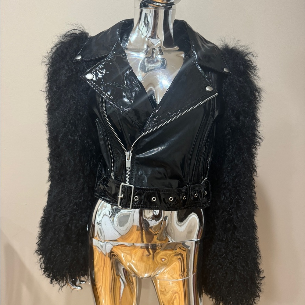 Patent leather Mongolian biker jacket